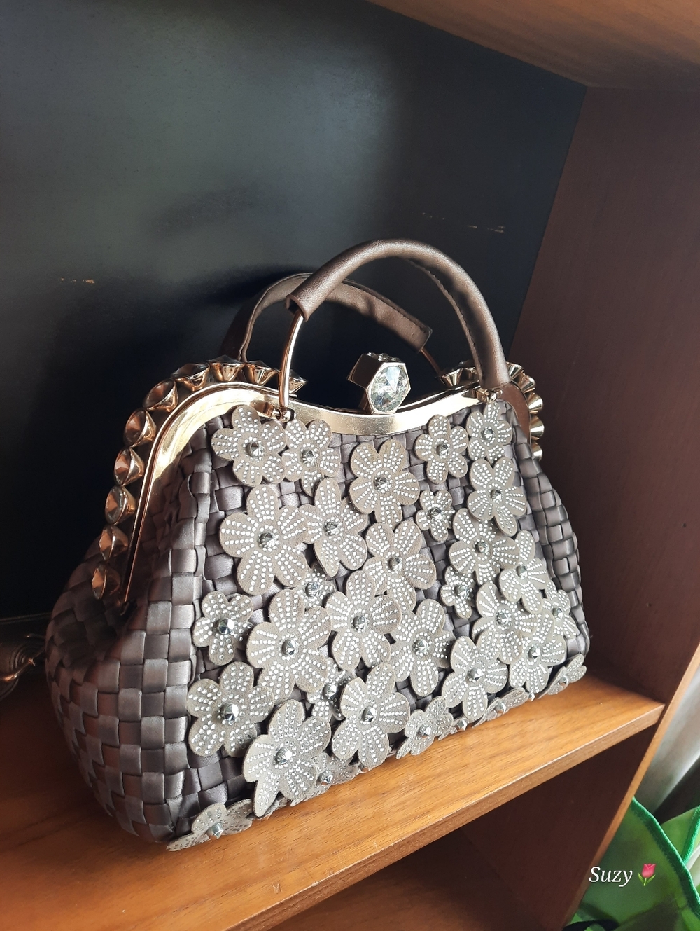 Taupe Satin Hand/Shoulder Bag, Gold Toned, Large Rhinestones, Flower Cutouts - Picture 5 of 6